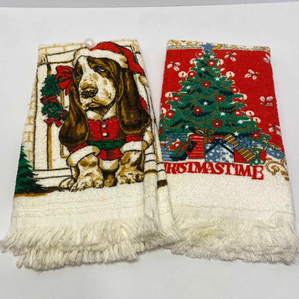Cannon Christmas Kitchen Towel Set White Good Hush Puppies Basset Hound Tree